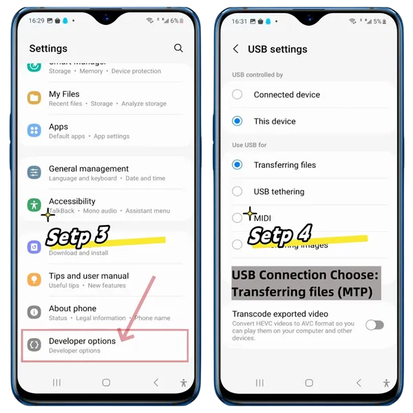 Activer le débogage USB Étapes 3-4