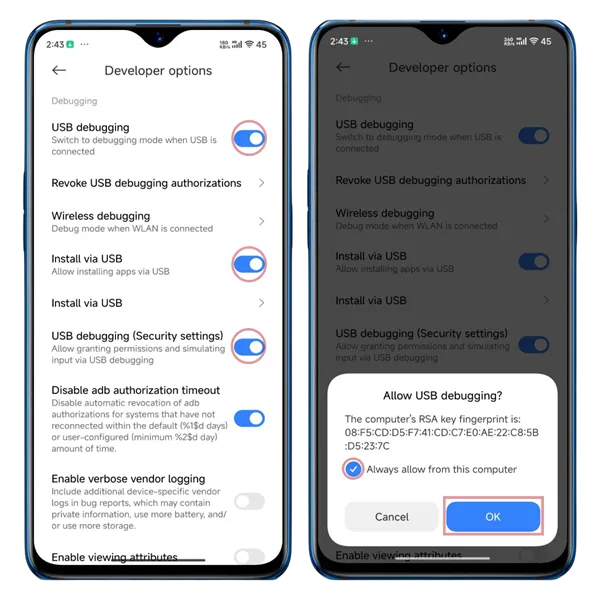 Aktivera USB-felsökning Steg 5-6